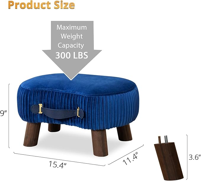 LUE BONA Small Curved Foot Stool with Handle, Navy Blue Velvet Footstool and Ottomans, Modern Foot Rest with Wooden Legs, Step Stool with Padded Seat for Couch, Living Room