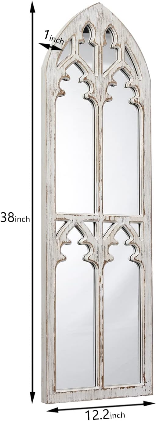 Farmhouse Wood Frame Arched Window Mirror 12 x 38 inches, Hanging Distressed White Rustic Cathedral Hallway Mirrors for Wall, Decorative Long Mirrors for Wall Decor Living Room Entryway