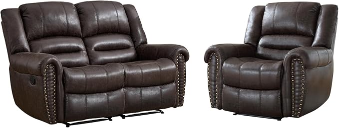 EBELLO Manual Recliner Sofa Set, Faux Leather Reclining Living Room Set, Included Single Recliner Chair and Loveseat Manual Sofa, Vintage Rivet Mid-Century Design for Living Room, Dark Brown