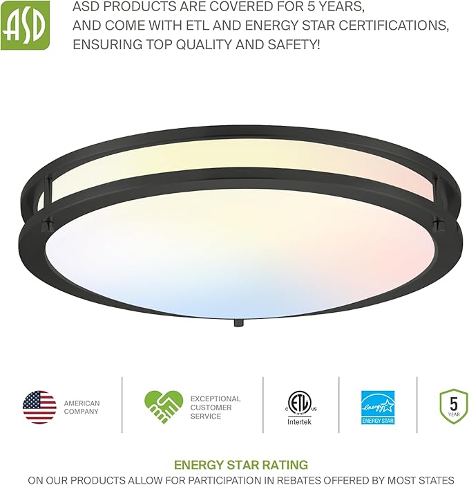 ASD LED 16" Round Flush Mount Lighting, Close to Ceiling Light Fixture | 3CCT, Dimmable, Energy Star, ETL Listed | 24W 1854LM 3000-5000K 120V | Low Profile Double Ring Lamp | Black, 4 Pack