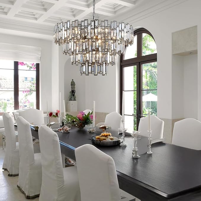 Crystal Contemporary Chandelier Foyer Entryway Lighting, 4-Tier Large Foyer Entrance Chandeliers for High Ceiling Big Crystal Chandelier (Dia 30 inch 15 Lights) Black