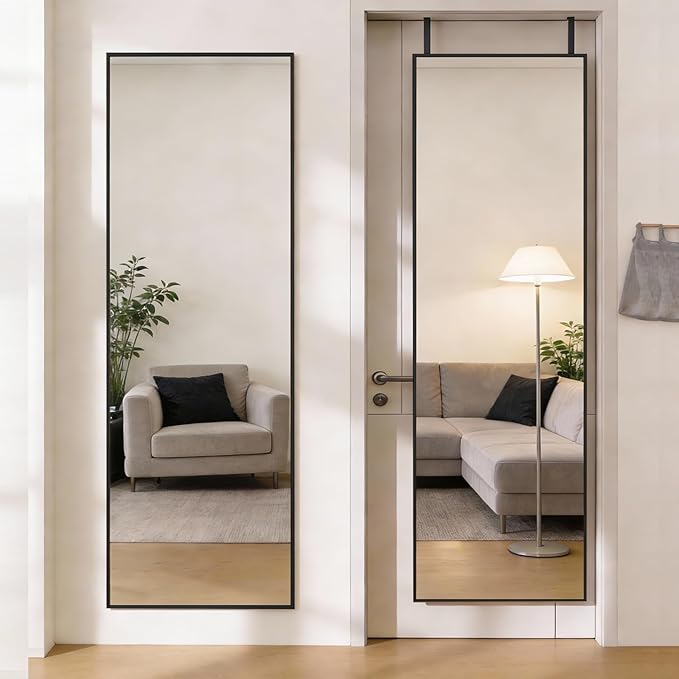 DUMOS 47x14 Full Length Mirror Over The Door, Wall Mounted Full Body Mirror, Door Hanging Metal Aluminum Alloy Frame Dressing Mirror for Bedroom, Living Room, Entryway, Black