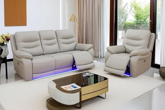 Power Reclining Sofa Set, Genuine Leather Recliner Sofa Set,Living Room Furniture Setwith USB Charging and LED Lights,for Living Room/Apartment/Office/Home Theather,Light Grey,C+S