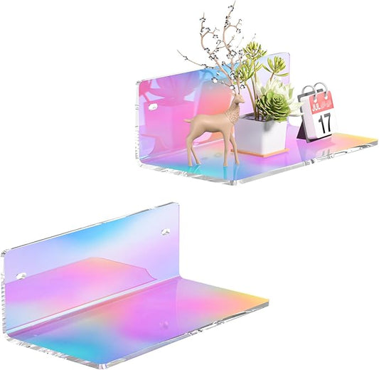 8 Inch Iridescent Shelf for Wall, Acrylic Small Floating Shelf, Home Wall Shelf Organizer for Room Storage, Room Décor, Space Saving, 4'' Depth, 2 Pack