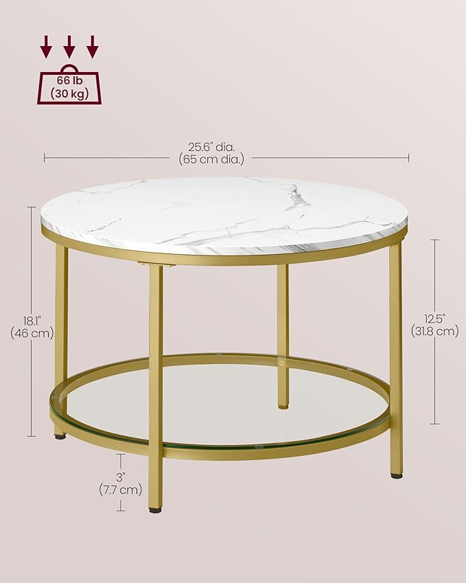 VASAGLE Round Coffee Table, 2-Tier Small Coffee Table with Faux Marble Top and Glass Shelf, Modern Style, for Living Room, 25.6 x 25.6 x 18.1 Inches, Marble White and Pale Gold ULCT072W59