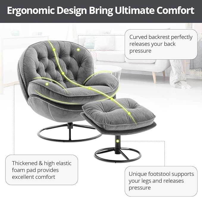 Velvet Swivel Accent Chair with Ottoman Set, Modern Lounge Chair with Metal Base Frame & Footrest, Comfortable Single Leisure Sofa Chair Reading Chair with 360 Degree Swiveling for Living Room, Gray