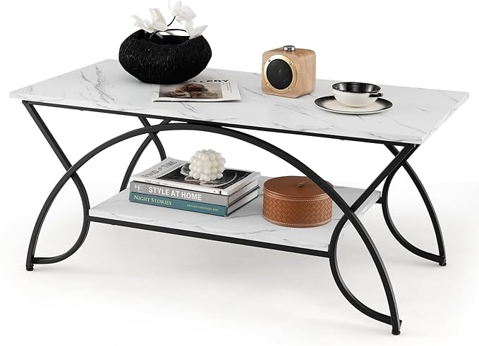 COSTWAY 2-Tier Coffee Table, Modern Faux Marble Accent Table with Storage and Black Finished Metal Frame, Chic Rectangular End Table for Living Room Office Lounge (White+Black)
