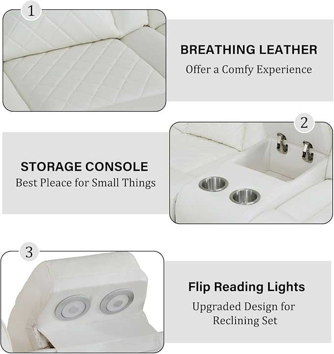Power Recliner Sectional Sofa Set with Chair, Leather Reclining Couch Set for Living Room, Creamy White Breathing Leather Recliner Sectional with Storage Console/Cup Holders/USB Ports/LED
