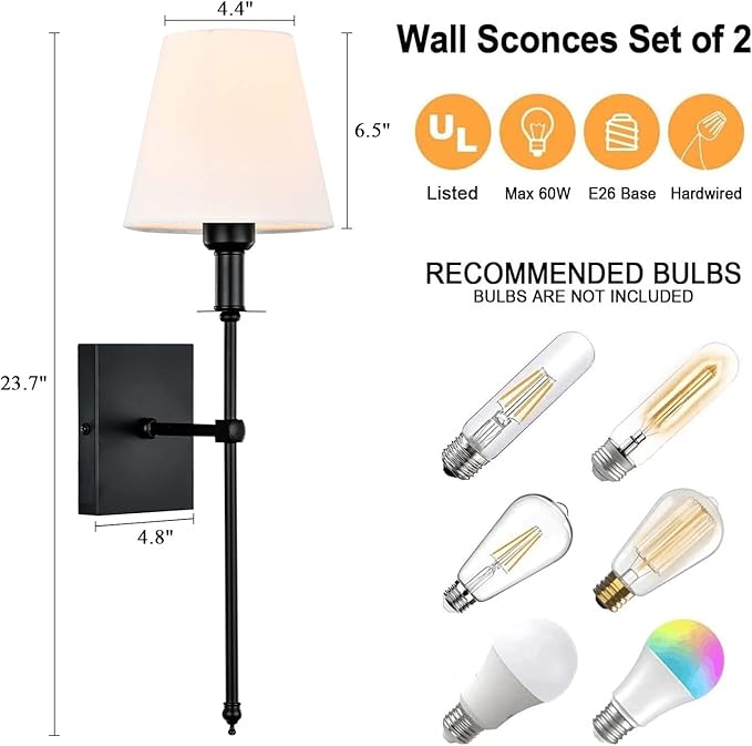 Pauwer Slim Wall Sconce Set of 2 White Fabric Shades Wall Sconce Hardwired Indoor Wall Light Column Stand Bedroom Wall Lamps Bathroom Vanity Light Fixture, Black