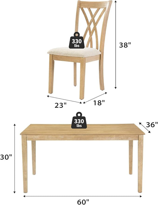 7-Piece Solid Wood Dining Table Set with 6 Upholstered Chairs, 60" L x 36" W Space Saving Dinner Table & Chairs Set, Dining Table Set for Dining Room, Kitchen, Restaurant, Natural Wood Color