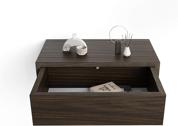 Mobili Fiver, Riccardo Wall Bedside Table, Dark Walnut, 17.7" x 9.8" x 6.1 ", Melamine-Finished, Modern Bedside Table, End Table, Italian Furniture