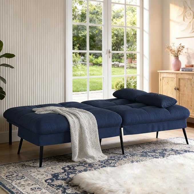 COMHOMA 72″Futon Sofa Bed,Modern Convertible Sleeper Sofa, Fabric Futon Couch with Multi-Position Backrest for Living Room Furniture(Blue)