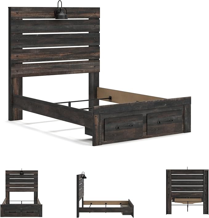 Signature Design by Ashley Drystan Rustic Full Panel Bed with 2 Storage Drawers, Sconce Light and Nailheads, Foundation or Box Spring Needed, Dark Brown & Gray