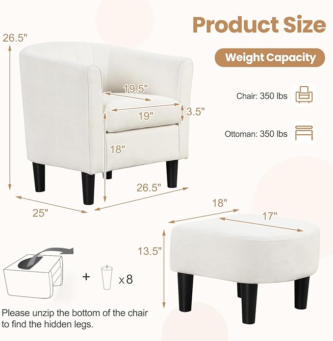 KOMFOTT Accent Chair with Ottoman, Upholstered Teddy Velvet Barrel Chair with Footrest, Comfy Club Sofa with Curved Backrest, Thick Seat Cushion, Modern Arm Chair for Living Room, Bedroom, Beige