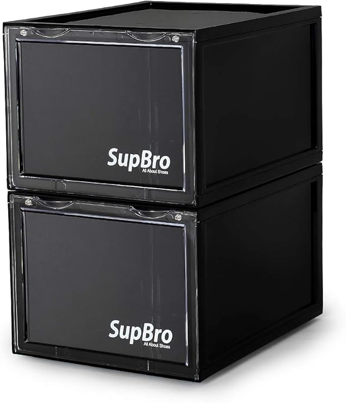 SupBro Collection Crate - Easy Access Storage Shoes Box -Plastic Foldable Stackable Sneaker Display Storage with Clear Front Door Organizer-2 Pack (Black)