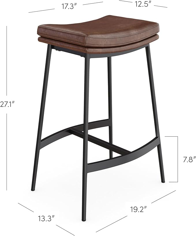 Nathan James 22202 Arlo Modern Backless Upholstered Kitchen Counter Bar Stool with Double-Layered Saddle Seat and Metal Base, Brown/Matte Black