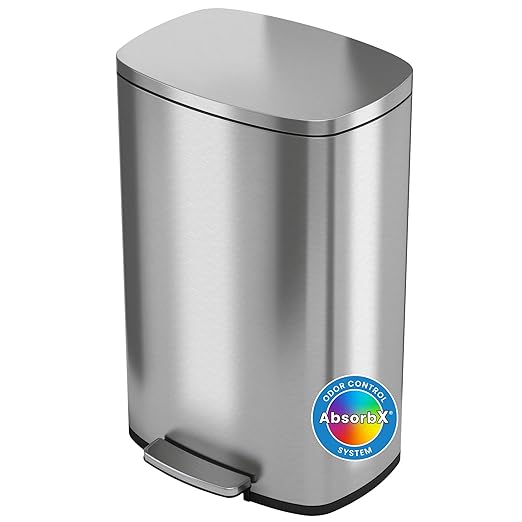iTouchless SoftStep 13.2 Gallon Step Kitchen Trash Can with Lid and Odor Filter, 50 Liter Trashcan for Home Office Garage Bedroom Bathroom Living Room Silent Lid Close Stainless Steel Slim Wastebasket