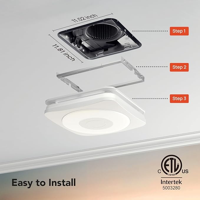 OREiN 3-in-1 Bathroom Exhaust Fan with Light & Humidity Sensor, 160 CFM, 1.0 Sone, Auto-On at 60% Humidity, 1500LM, 3000K/4000K/5000K, Night Light, ETL & FCC Certified, Ceiling Opening 11.81''x11.02''