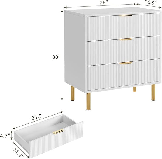 GarveeHome White Dresser, Modern 3 Drawer Dresser for Bedroom with Gold Handle and Large Drawer, Wood Double Chest of Drawers and Storage Organizer for Living Room, Hallway, Entryway