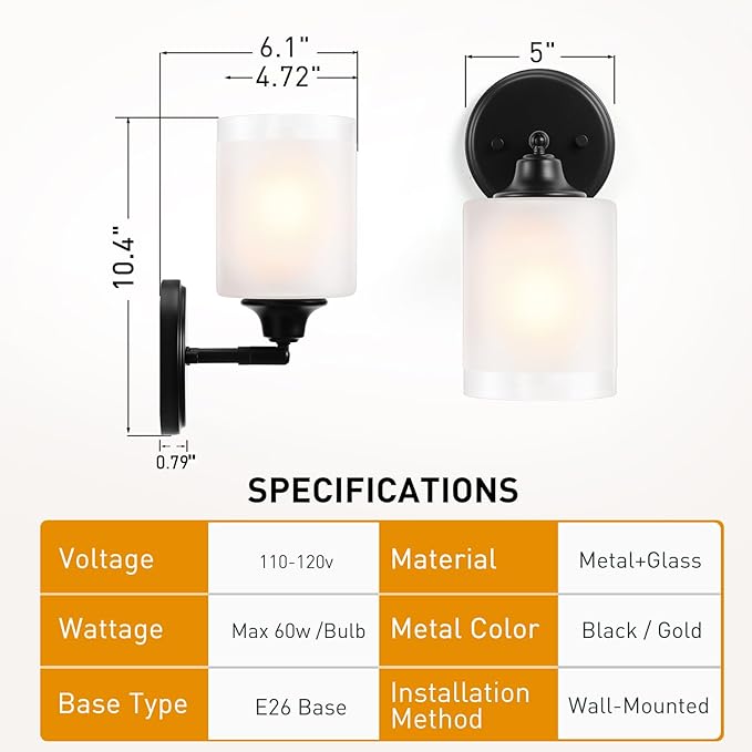 Wall Sconces Set of Two, Rotatable Bathroom Sconces with Thickened Frosted Glass Shades, Modern Vanity Light Wall Mount Lighting Lanterns for Bedroom Living Room Hallway Mirror(Black,E26 Base)