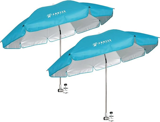AMMSUN Chair Umbrella with Universal Clamp Adjustable 47 inches and 360° Swivel & UPF 50+ Protection Portable Sun Umbrella, Secure Clip on Camping/Beach Chairs, Stroller, Wheelchair, Golf cart, Lounger, Light Blue, 2 PACK