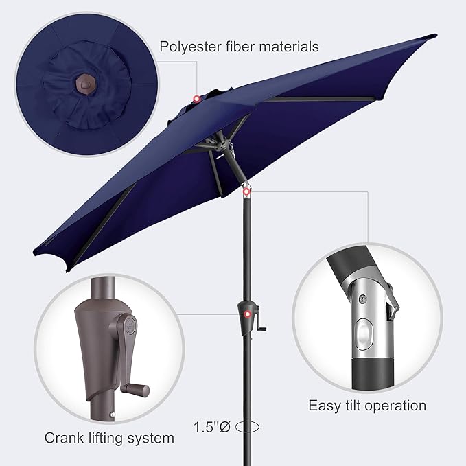 7.5ft Outdoor Patio Umbrella - Table Umbrella Waterprool UV Protection, Sombrillas de Patio with Push Button Tilt, Sun Umbrella for Pool, Porch, Garden, Deck, Backyard (Navy Blue)