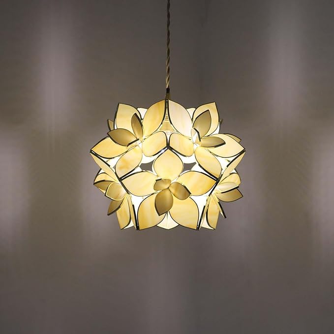 Bieye L11034 Petals Tiffany Style Stained Glass Ceiling Pendant Light for Home Decoration (Cream White, 12" Rose Lily)