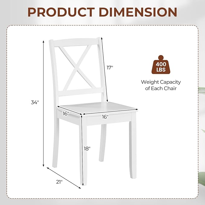 Giantex Wood Dining Chairs Set of 2, Armless Kitchen Chair w/Rubber Wood Legs & Curved Backrest, Farmhouse Cross Back Diner Chair, Wooden Side Chairs for Home Dining Room, Load 400 LBS, White