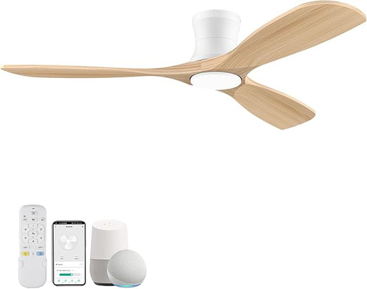 Smart 52” Wood Flush Mount Ceiling Fans with Lights and Remote,Quiet DC Motor,Outdoor Indoor Ultra Low Profile Ceiling Fan works with Alexa WIFI APP,Modern White Ceiling Fan for Bedroom Patio