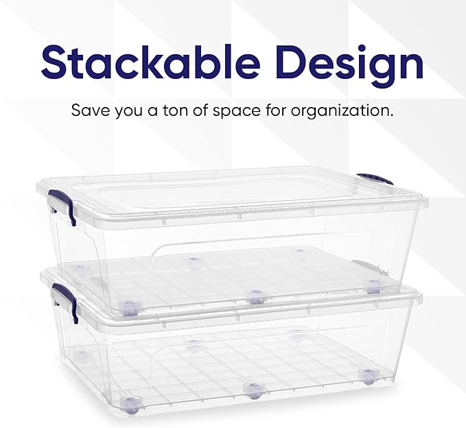 Superio Under Bed Storage Containers with Wheels (2 Pack), Flat Clear Storage Bin Stackable Large Storage Latch Box with Lids Store Cloths, Bedding, Linen, For Under The Bed, Garage, Home