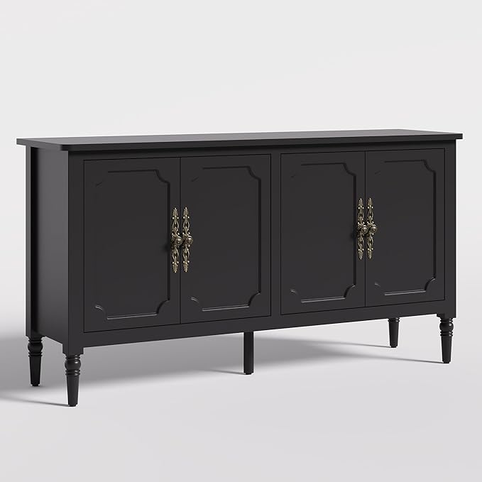 Console Table, 58'' Mid Century Modern Pantry Cabinet, Wood Buffet Sideboard, Media Credenza with 4 Doors, Accent Storage for Entryway, Living Room, Bedroom, Dining Room (Black)