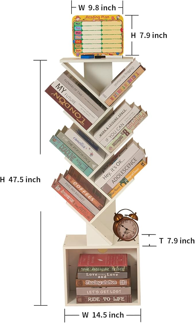 7 Tier Tree Book shelf, Small Bookcase with Reading Planner and Activity Panel, Modern Floor Standing Corner Tall Narrow Storage Cabinet Bookshelves for Home Office Bedroom Living Room (White)
