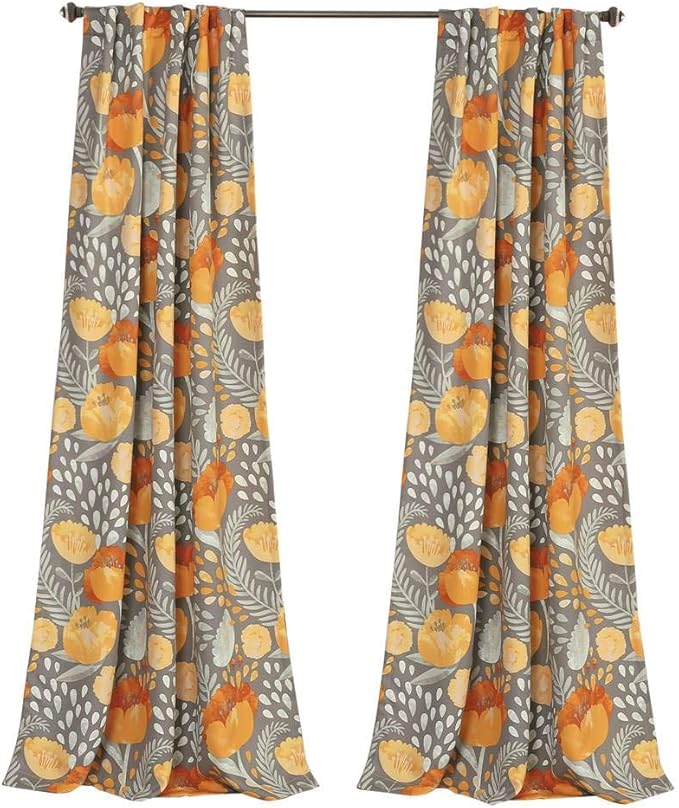 Lush Decor x 52” Yellow and Gray Poppy Garden Curtains Light Filtering Window Set for Living, Dining, Bedroom, 95 in L Panel Pair, Yellow & Gray
