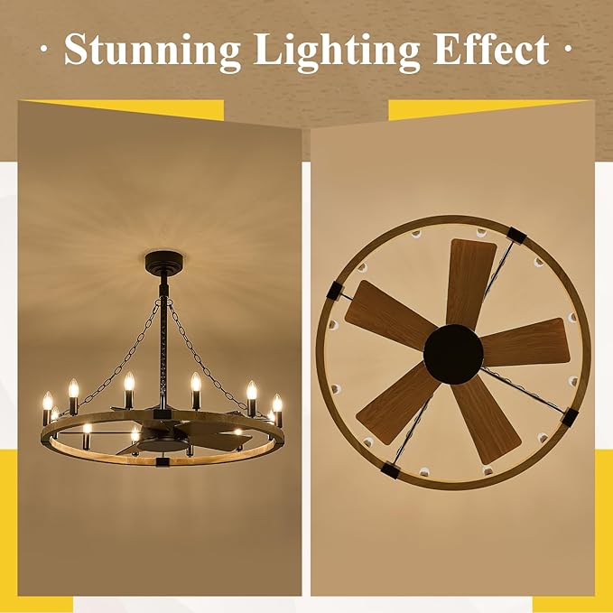 Natural Farmhouse Wood Wagon Wheel Chandelier Fans with 12 Lights and Remote, Rustic Wooden Ceiling Fan Light 36in Fandelier for Bedroom Dining Room Kitchen Living Room