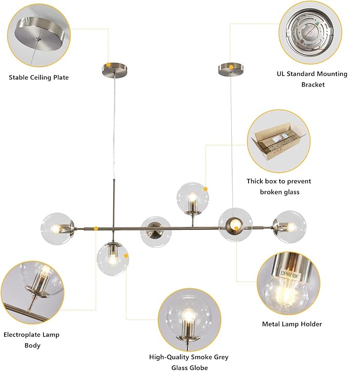 KCO Lighting 6 Light Brushed Nickel Chandelier Bubble Glass Pendant Lights Kitchen Mid Century Modern Linear Chandelier Globe Sputnik Ceiling Light for Dining Room Living Room