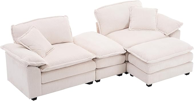 Modular Loveseat Sectional Sofa, 84.6" Corduroy Comfy Sectional Couches for Living Room, 3-Seater Cloud Couches with Movable Ottomans, Flexible Combination Modern Deep Seat Sofa | Thickness Cushions, Solid Wood Frame, Pillow-top Armrest
