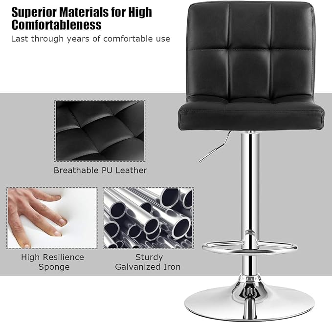 COSTWAY Adjustable Bar Stools Set of 2, Modern Swivel PU Leather Bar Chair with Backrest, Soft Cushioned Seat, Footrest, Sturdy Metal Frame, Comfortable Barstools for Kitchen Island, Pub, Black