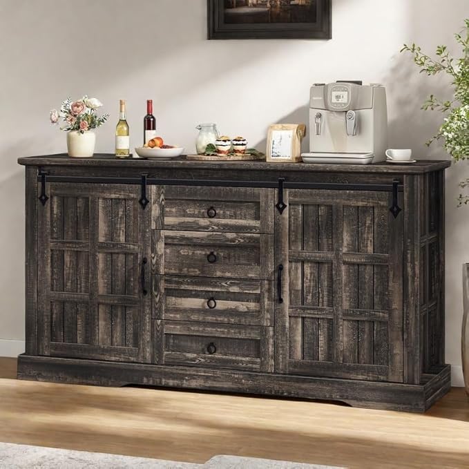 YITAHOME Farmhouse Buffet Cabinet with Storage, 59" Sideboard w/Sliding Barn Doors and 4 Drawers, Kitchen Cabinets for Living Room, Dark Rustic Oak