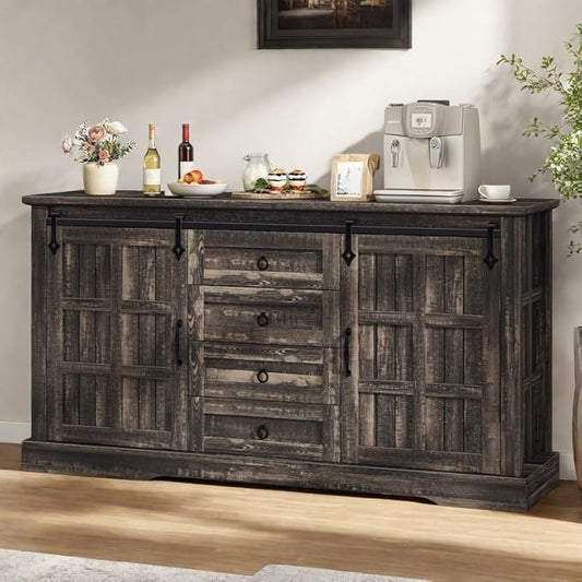 YITAHOME Farmhouse Buffet Cabinet with Storage, 59" Sideboard w/Sliding Barn Doors and 4 Drawers, Kitchen Cabinets for Living Room, Dark Rustic Oak