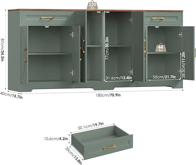 71” Large Sideboard Buffet Cabinet with Storage, Farmhouse Kitchen Buffet Cabinet with Adjustable Shelves and 6 Barn Doors, Wood Coffee Wine Bar Console Table for Kitchen, Dining Room, Green