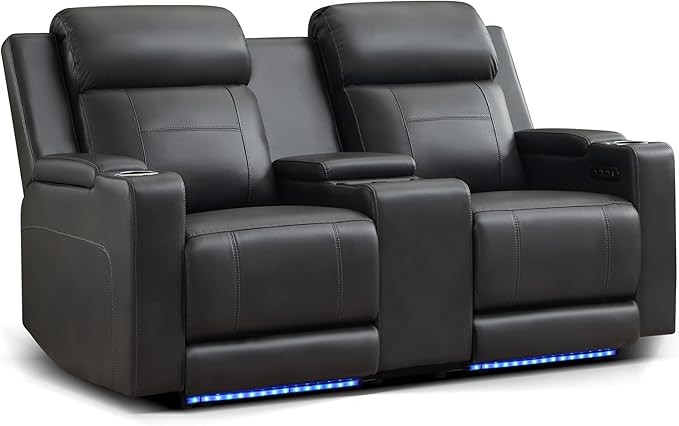 Power Reclining Loveseat with Console/Wireless Charging, Power Loveseat Recliner Sofa with Power Headrest/LED Light/Armrest Storage, Wall Hugger Reclining Loveseat(Dark Grey, 2 Seater)