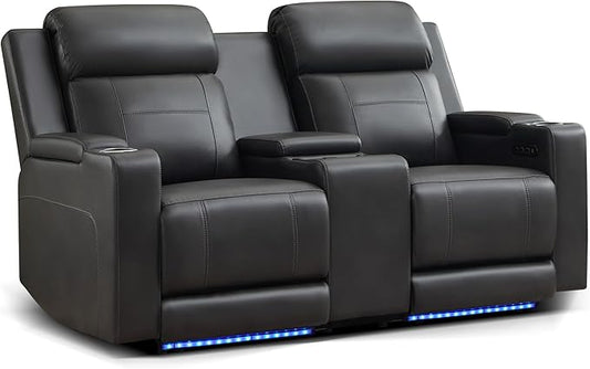 Power Reclining Loveseat with Console/Wireless Charging, Power Loveseat Recliner Sofa with Power Headrest/LED Light/Armrest Storage, Wall Hugger Reclining Loveseat(Dark Grey, 2 Seater)