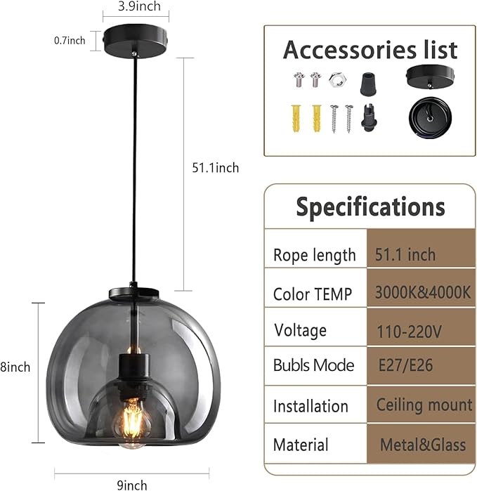 Large Smoke Glass Pendant Lights for Kitchen Island, Includes Extra Bulbs & 4.26FT Adjustable Cord, Modern Pendant Lighting Fixtures for Kitchen, Dining Room, Living Room(9in, 2-Pack)