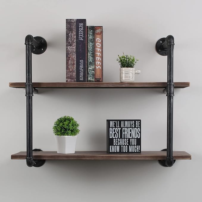 MBQQ Industrial Pipe Shelving Wall Mounted,30in Rustic Metal Floating Shelves,Steampunk Real Wood Book Shelves,Wall Shelf Unit Bookshelf Hanging Wall Shelves,Farmhouse Kitchen Bar Shelving(2 Tier)