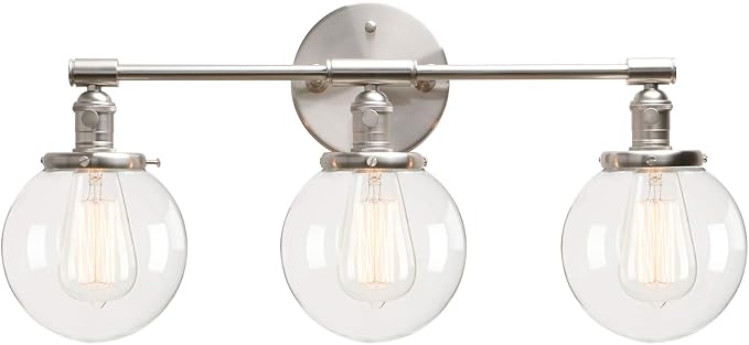 PERMO Vintage Industrial Antique Three-Light Wall Sconces with Mini 5.9" Round Clear Glass Globe Shade (Brushed)