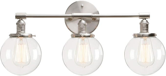 PERMO Vintage Industrial Antique Three-Light Wall Sconces with Mini 5.9" Round Clear Glass Globe Shade (Brushed)