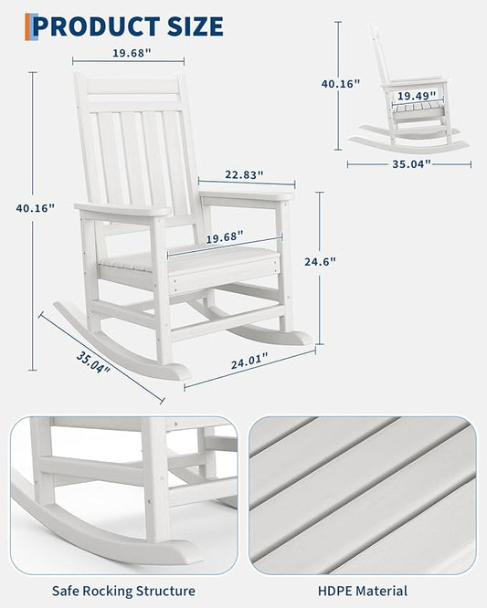 GarveeLife Poly Lumber Rocking Chair Outdoor - HDPE High Back Porch Rocker Chairs for Adults - All Weather Resistant Furniture for Patio - White