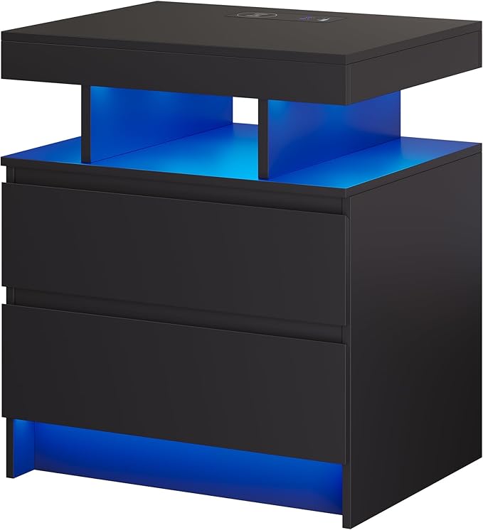 dnbss Nightstand with Charging Station and LED Light, Modern Night Stand with 2 Drawers, Smart Nightstand with USB Ports and Wireless Charger, Bedside Table for Bedroom (Black)