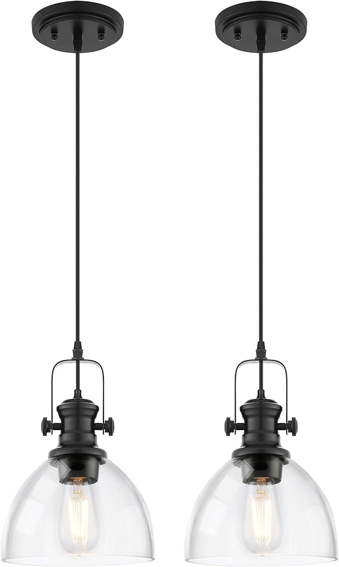 2-Pack Pendant Lights Kitchen Island, 7.5" Farmhouse Black Pendant Lighting with Clear Glass Shade, Vintage Hanging Light Fixtures for Dining Room Entryway, Adjustable Cord, AD-22151-1P2-BK-C