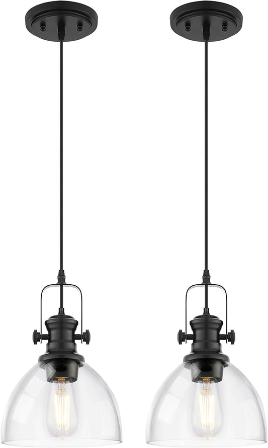 2-Pack Pendant Lights Kitchen Island, 7.5" Farmhouse Black Pendant Lighting with Clear Glass Shade, Vintage Hanging Light Fixtures for Dining Room Entryway, Adjustable Cord, AD-22151-1P2-BK-C